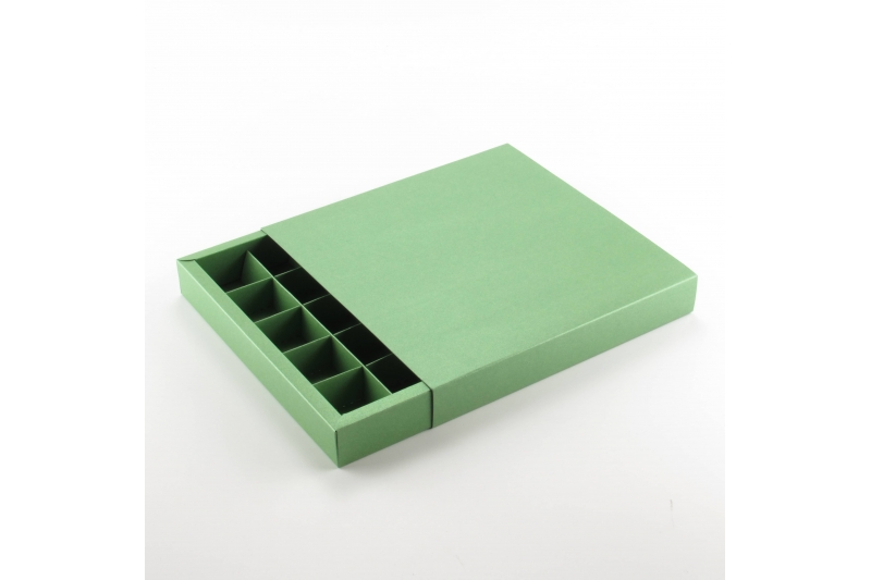 Коробка на 25 конфет с фальшбортом перламутровая дизайнерская зеленый "Spica Emerald Изумруд" без окна (20,4*20,4*3 см)